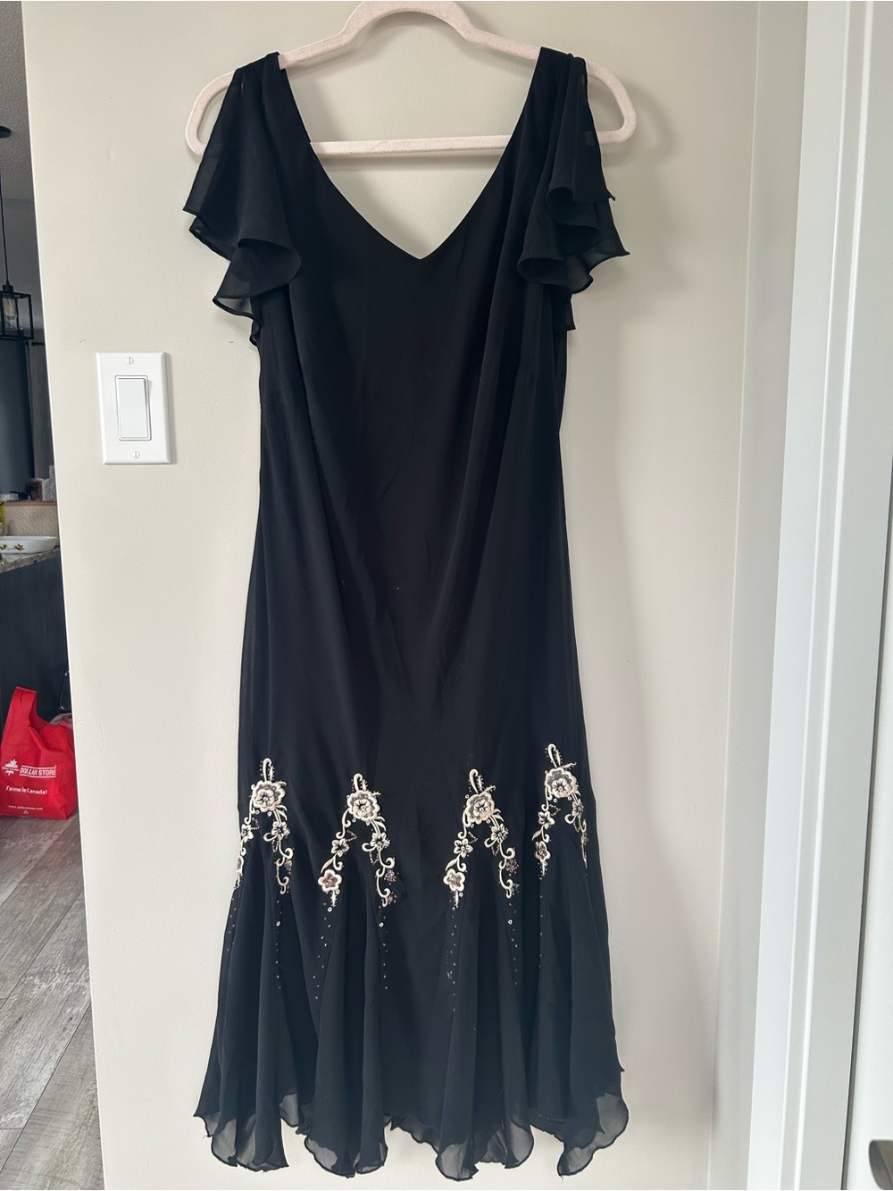 S.L. Fashions Black Maxi Dress with Cream Floral Embroidery